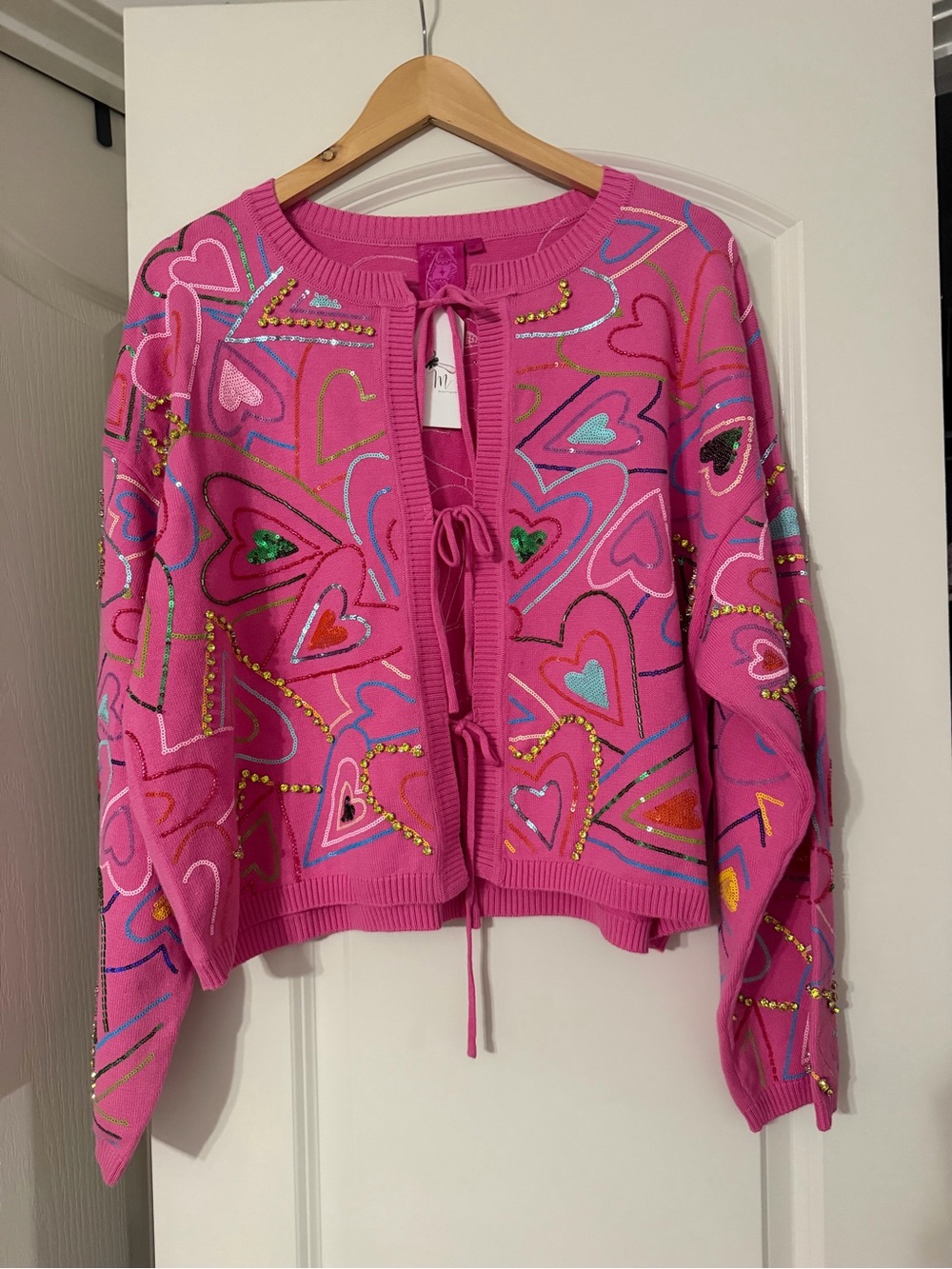 QUEEN OF SPARKLES Pink Heart-Print Embellished Cardigan